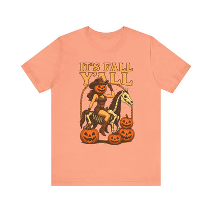 It’s Fall Y’all Shirt – Pumpkin Head Cowgirl Skeleton Horse Western Tee