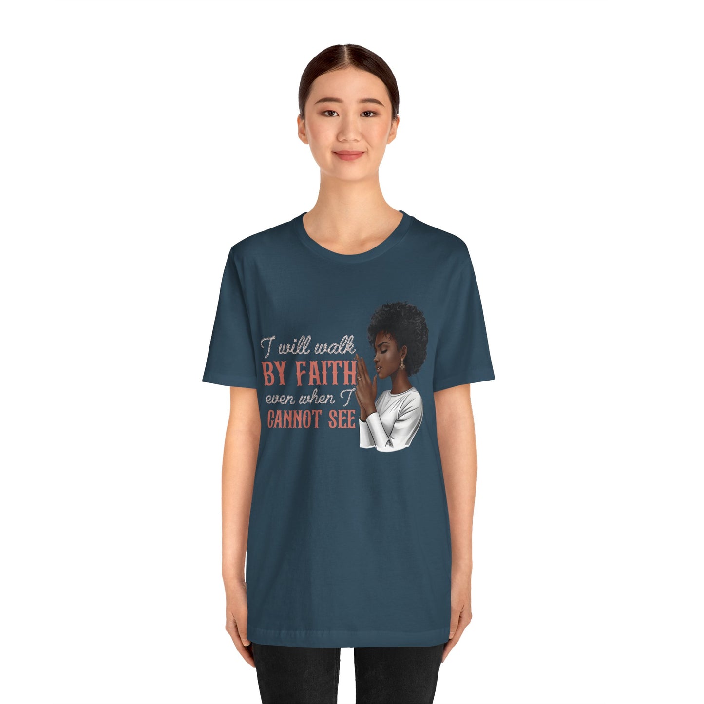 I Will Walk by Faith Shirt – Black Woman Praying Christian Bible Verse Tee