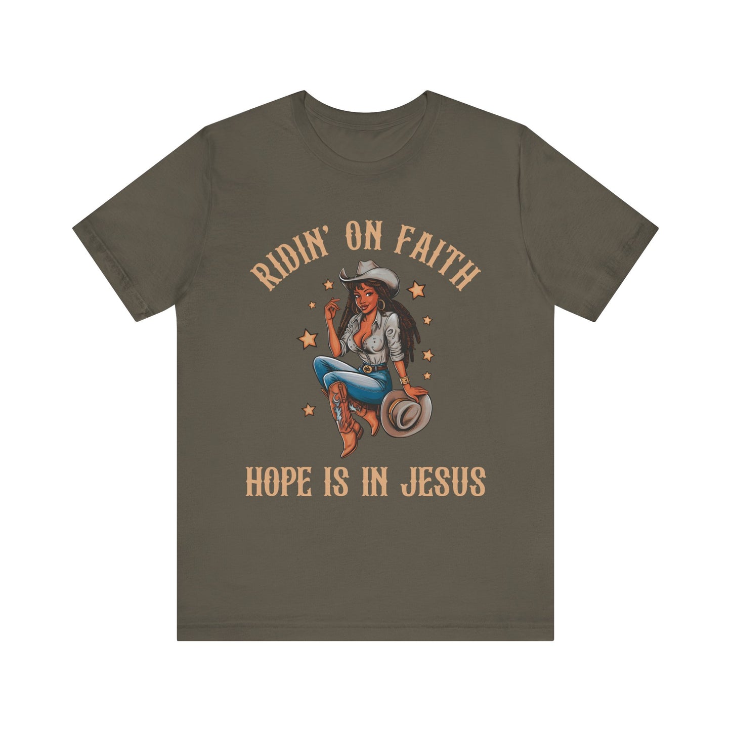 Ridin’ On Faith Cowgirl Shirt – Black Christian Western Jesus Tee