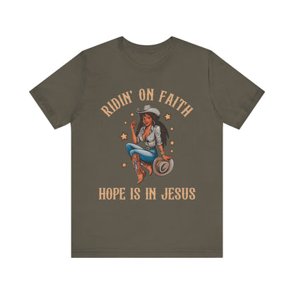 Ridin’ On Faith Cowgirl Shirt – Black Christian Western Jesus Tee