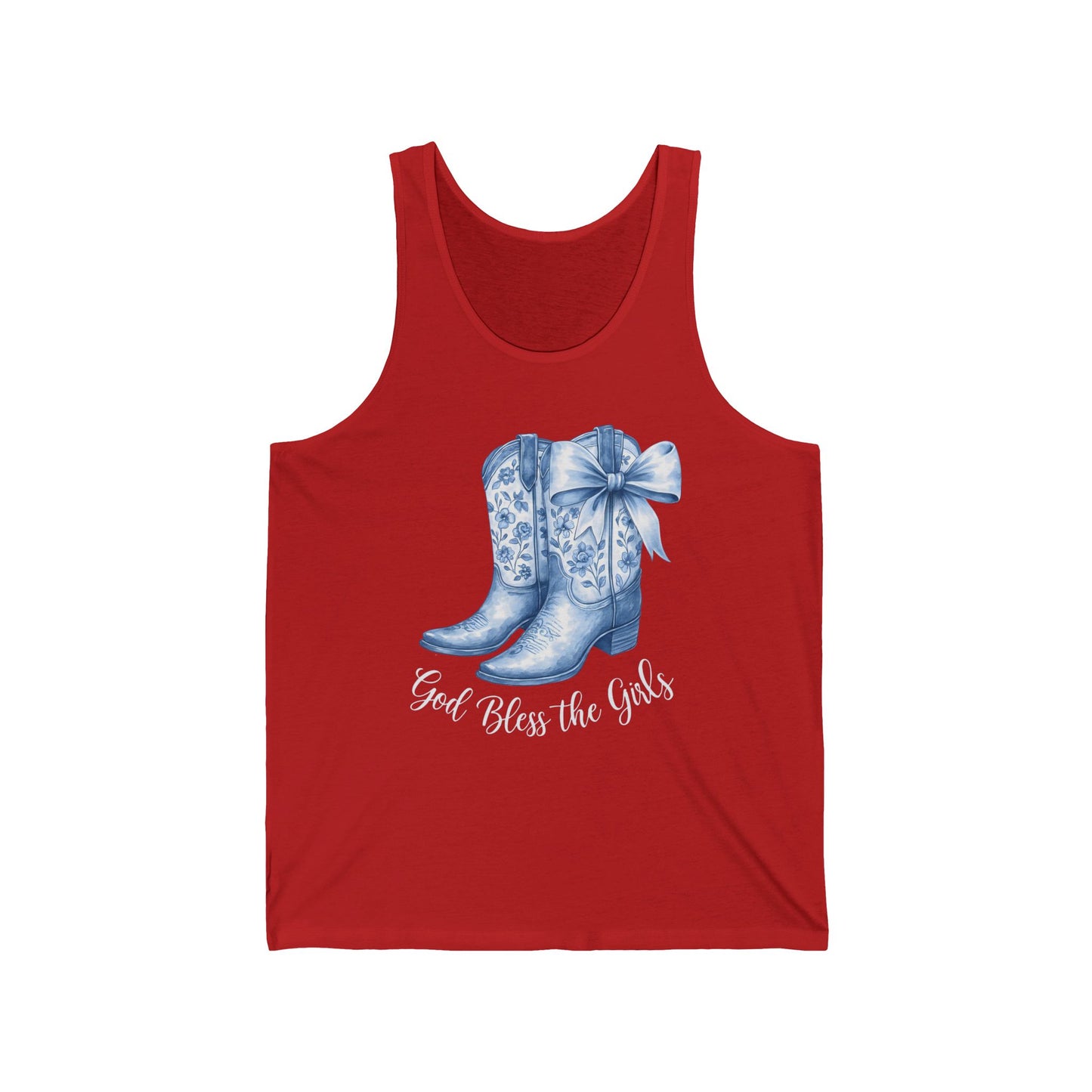 God Bless the Girls Tank – Blue Floral Cowgirl Boots Western Texas Unisex Jersey