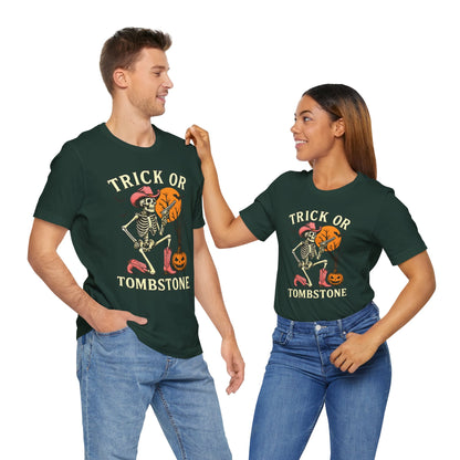 Trick or Tombstone Shirt Funny Skeleton Cowboy Halloween Tee, Spooky Western Rodeo Outfit