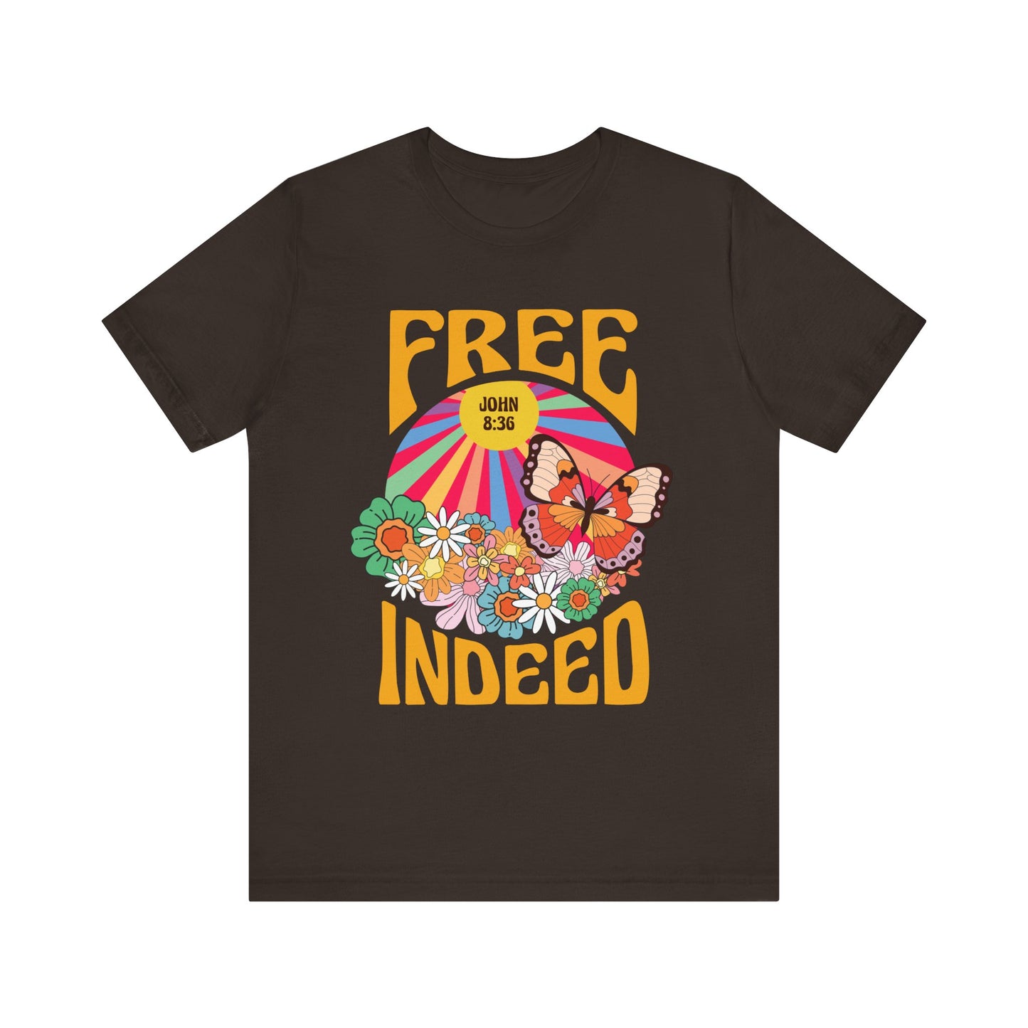 Free Indeed Shirt – Retro Flowers & Butterflies 80s John 8:36 Christian Tee