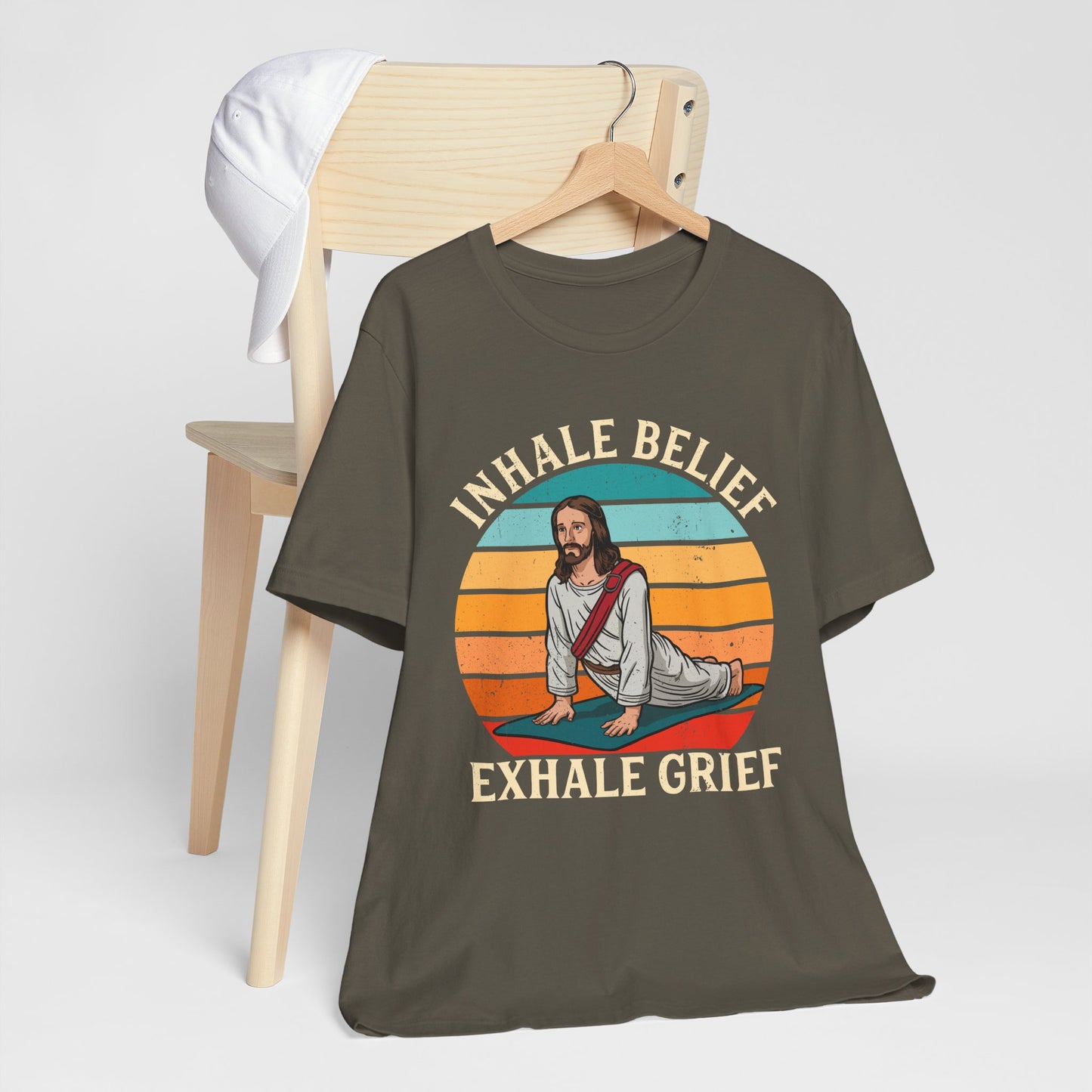 Jesus Inhale Belief Exhale Grief Shirt – Christian Yoga Retro Faith Wellness Tee