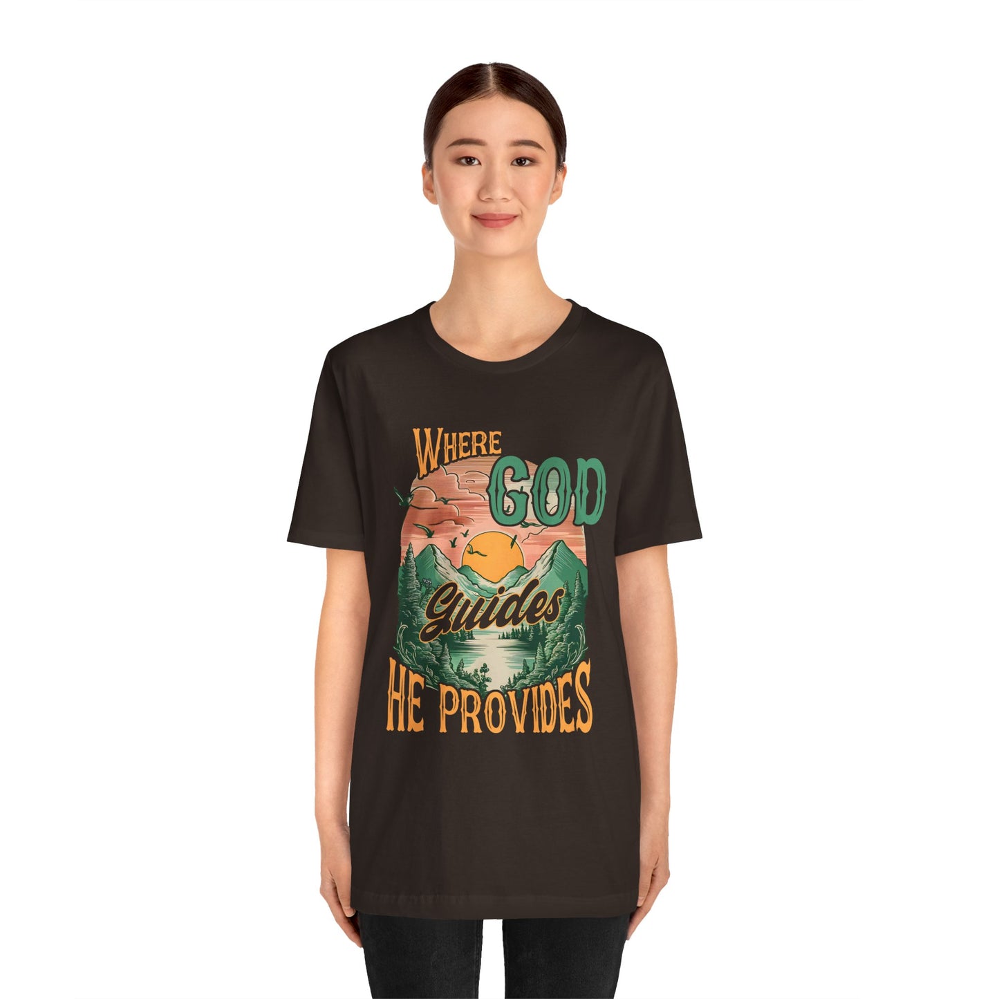 Where God Guides He Provides Shirt – Mountain Sunset Retro Christian Tee
