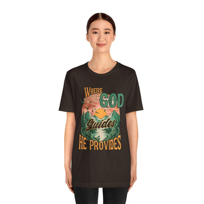 Where God Guides He Provides Shirt – Mountain Sunset Retro Christian Tee