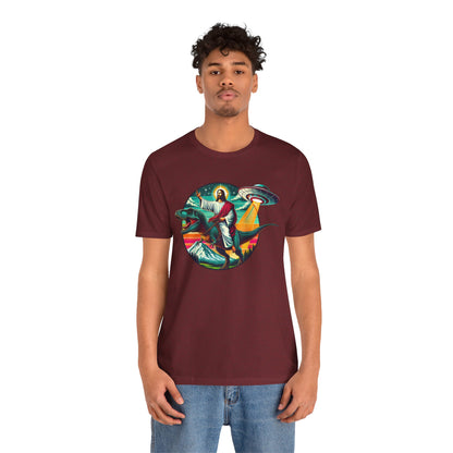 Jesus Riding Dinosaur Shirt – UFO Alien Cross Retro Christian God Tee