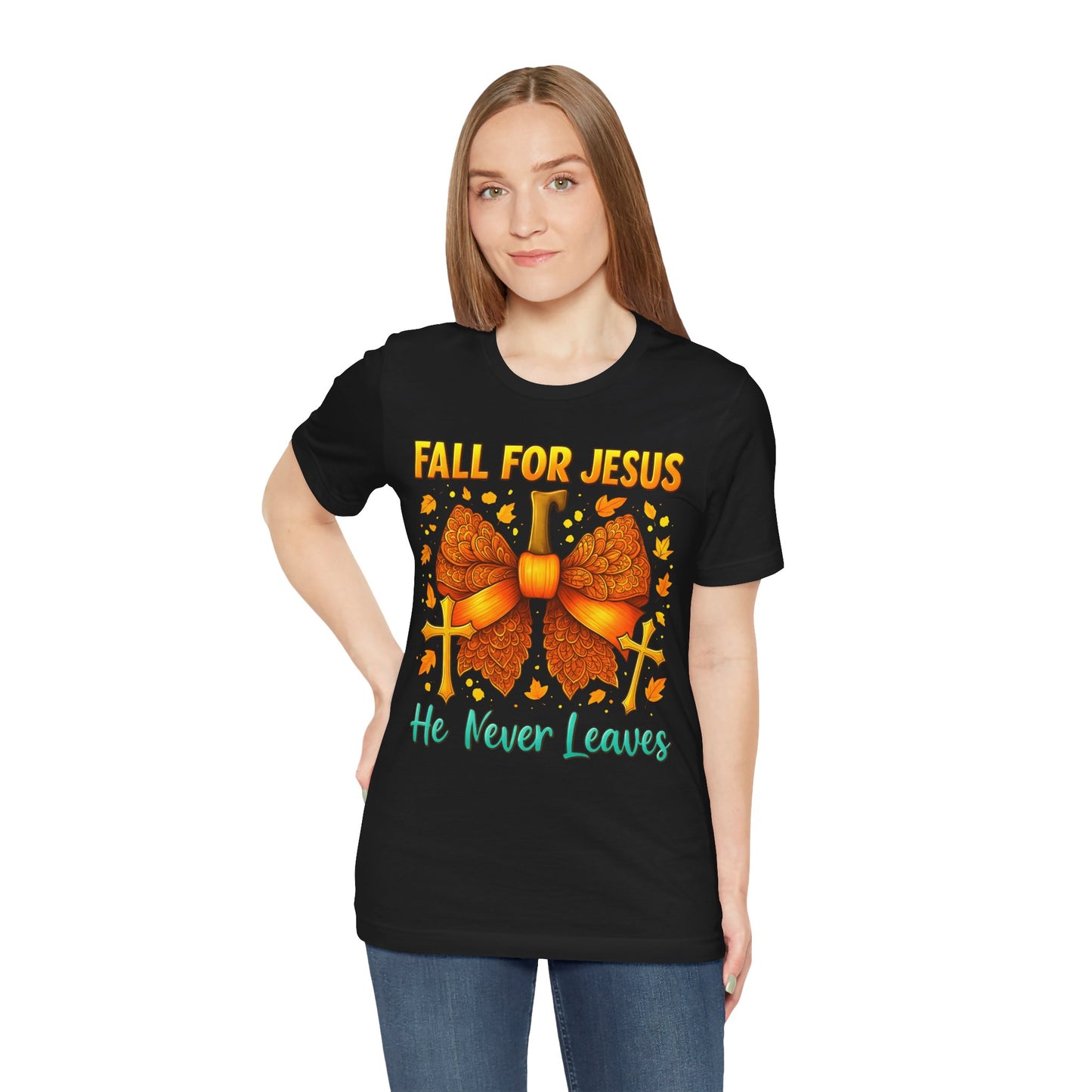 Fall for Jesus He Never Leaves Shirt – Christian Pumpkin Bow Thanksgiving Tee