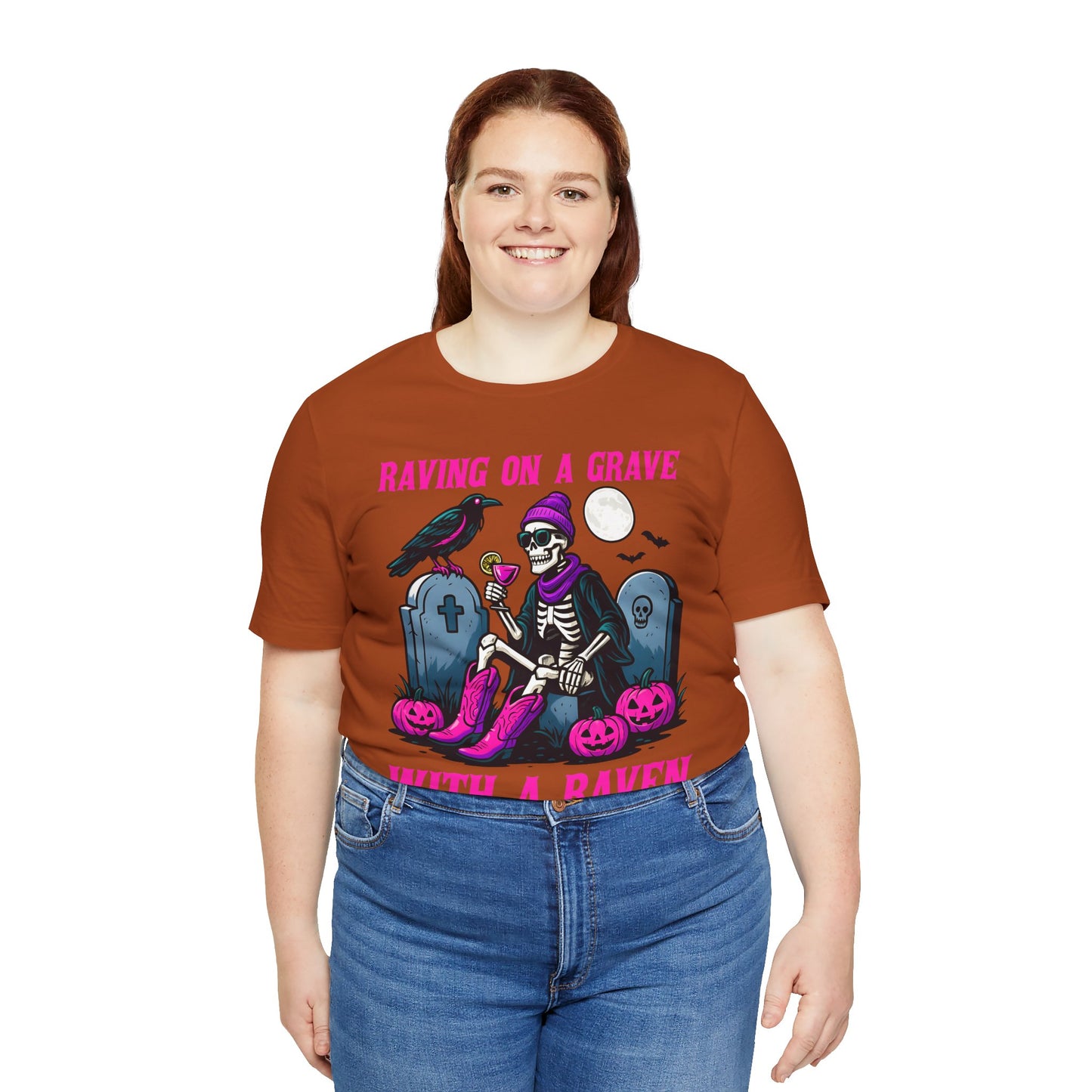 Raving on a Grave Shirt – Halloween Skeleton Raven Gothic Party Tee