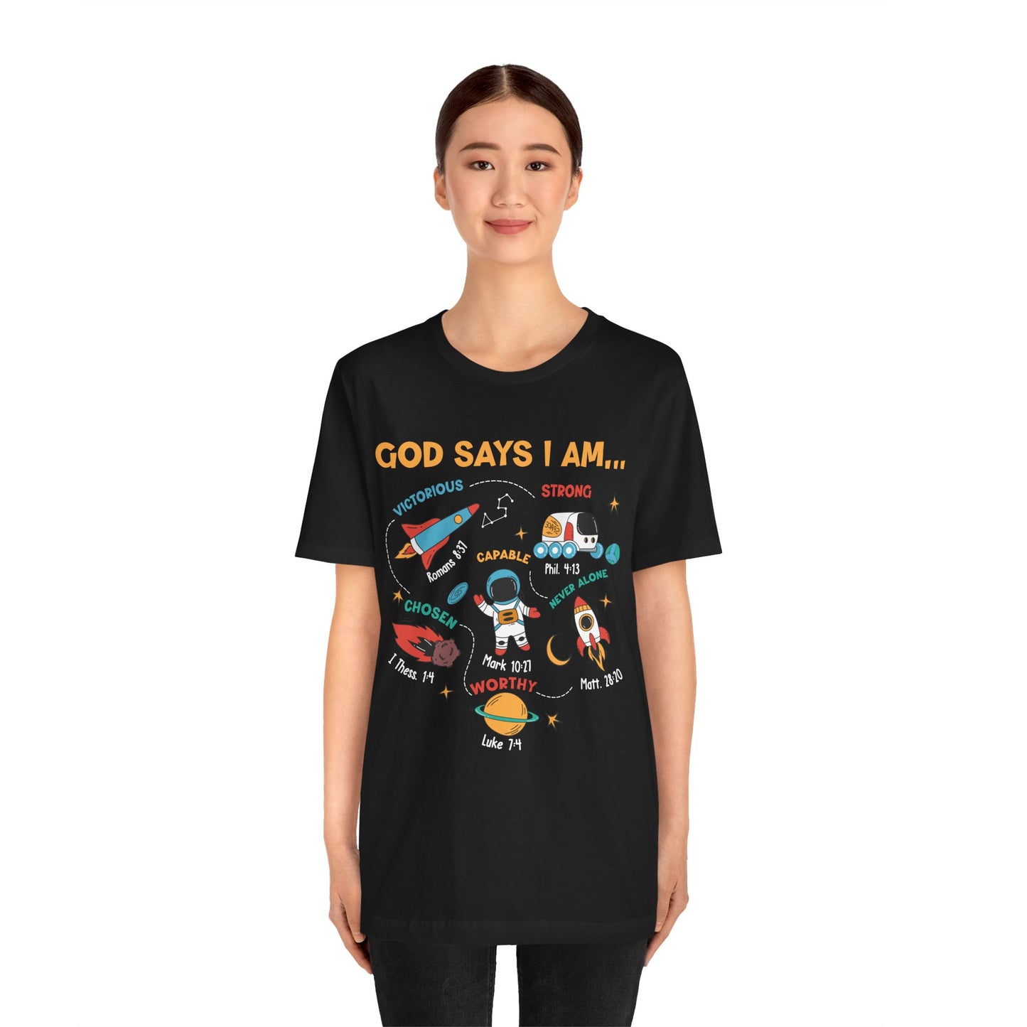 God Says I Am Kids Shirt – Christian Astronaut Space Galaxy Bible Affirmation Tee