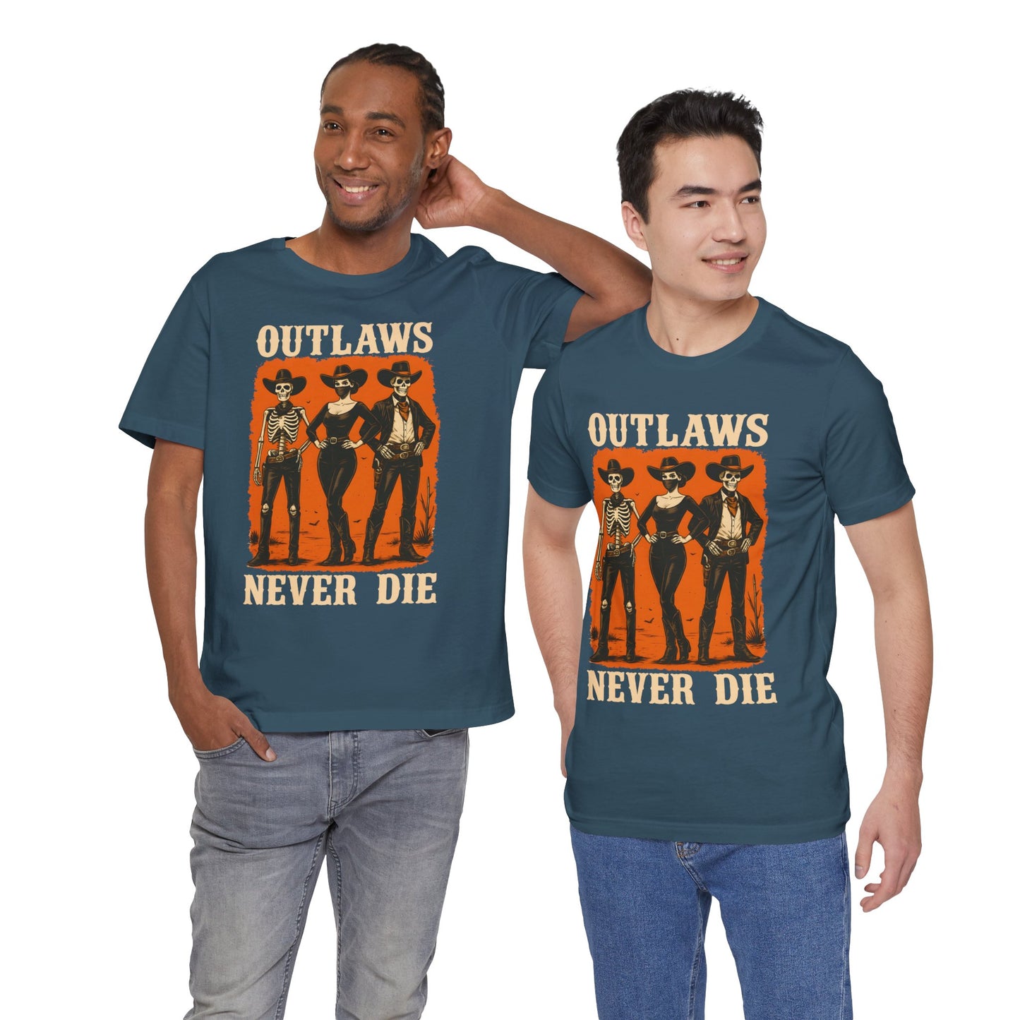 Outlaws Never Die Shirt – Gothic Western Skeleton Cowboy Halloween Tee