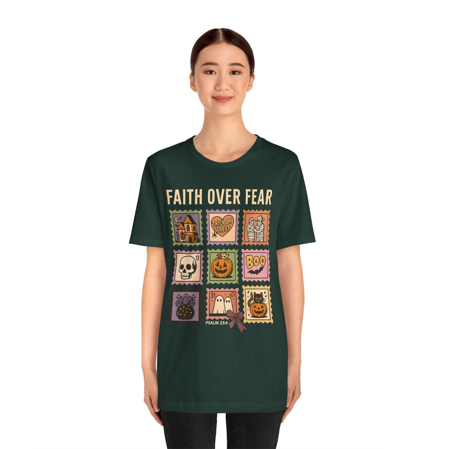 Faith Over Fear Shirt, Christian Halloween Stamp T-Shirt, Religious Spooky Season Tee