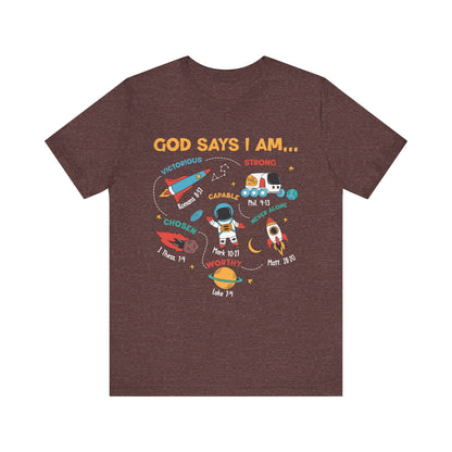 God Says I Am Kids Shirt – Christian Astronaut Space Galaxy Bible Affirmation Tee
