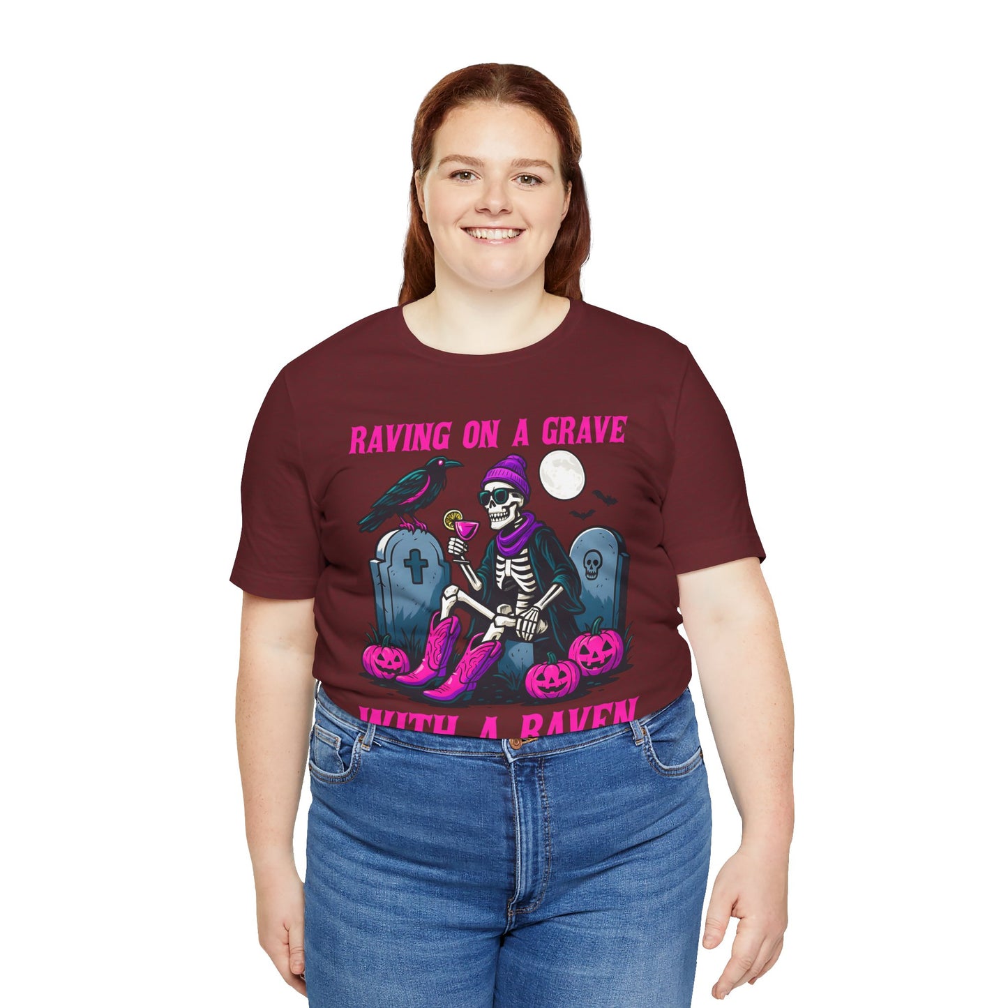 Raving on a Grave Shirt – Halloween Skeleton Raven Gothic Party Tee