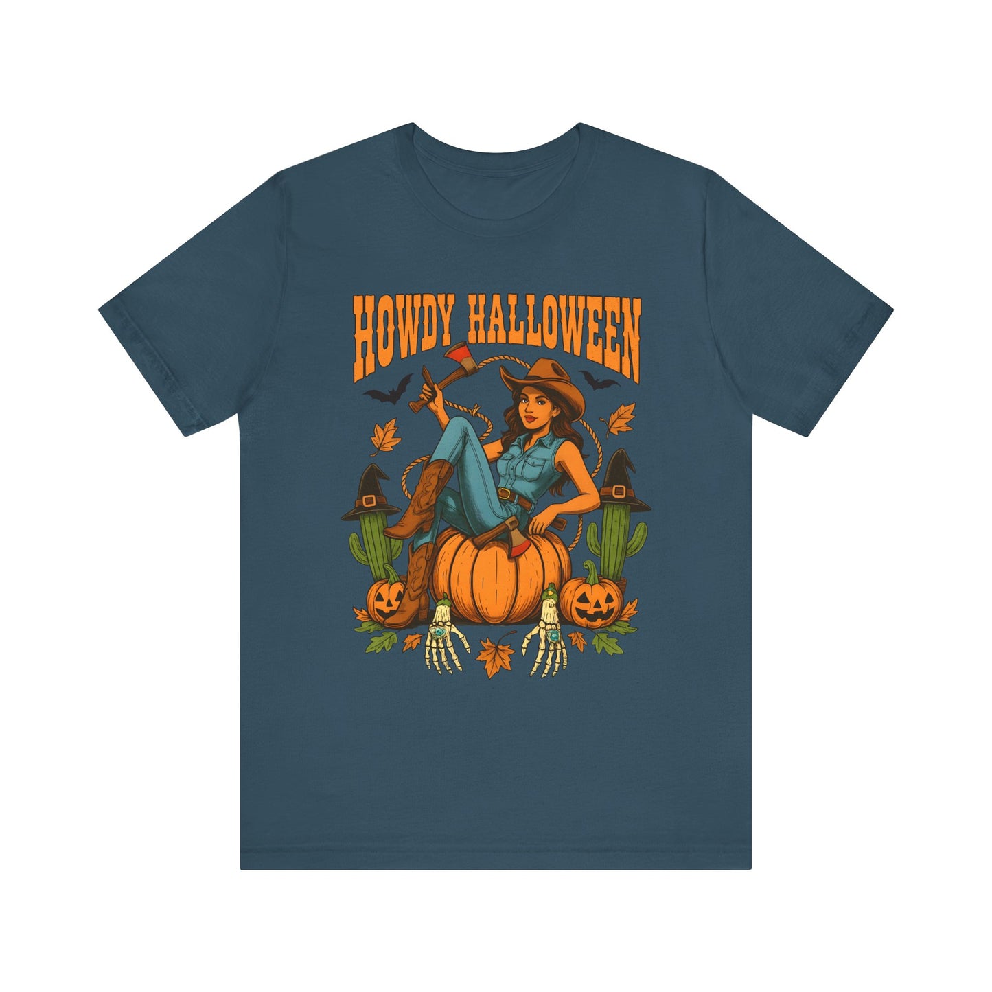 Howdy Halloween Shirt – Cowgirl on Pumpkin Tee with Skeleton Hands