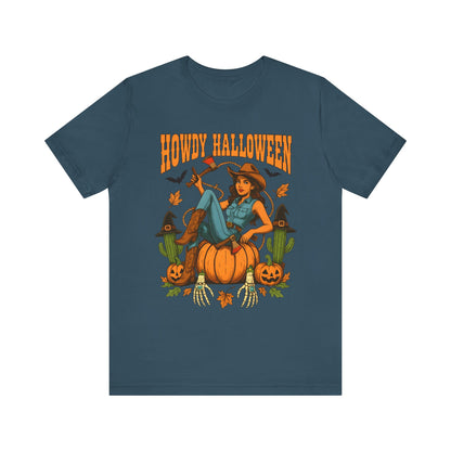 Howdy Halloween Shirt – Cowgirl on Pumpkin Tee with Skeleton Hands