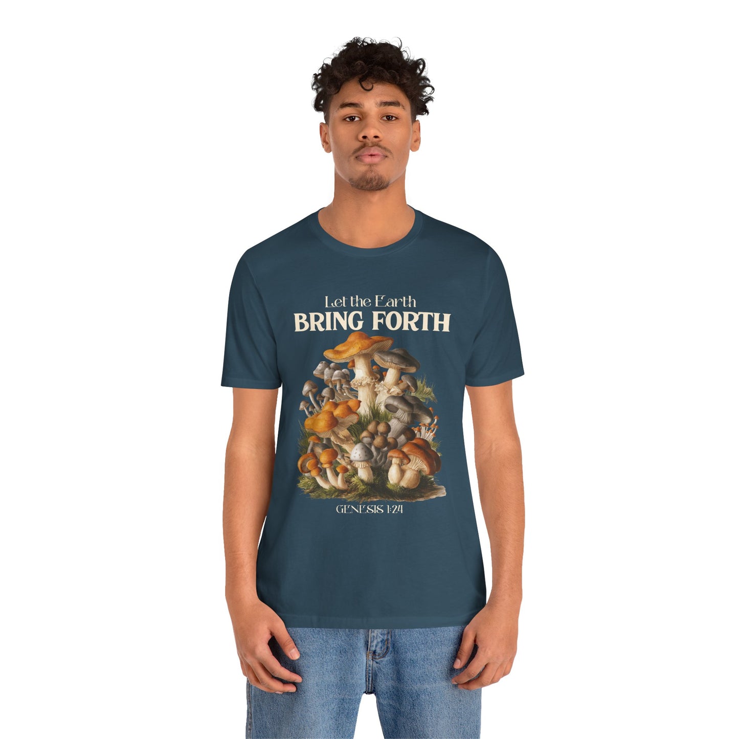 Let the Earth Bring Forth Shirt – Mushroom Christian Bible Verse Tee