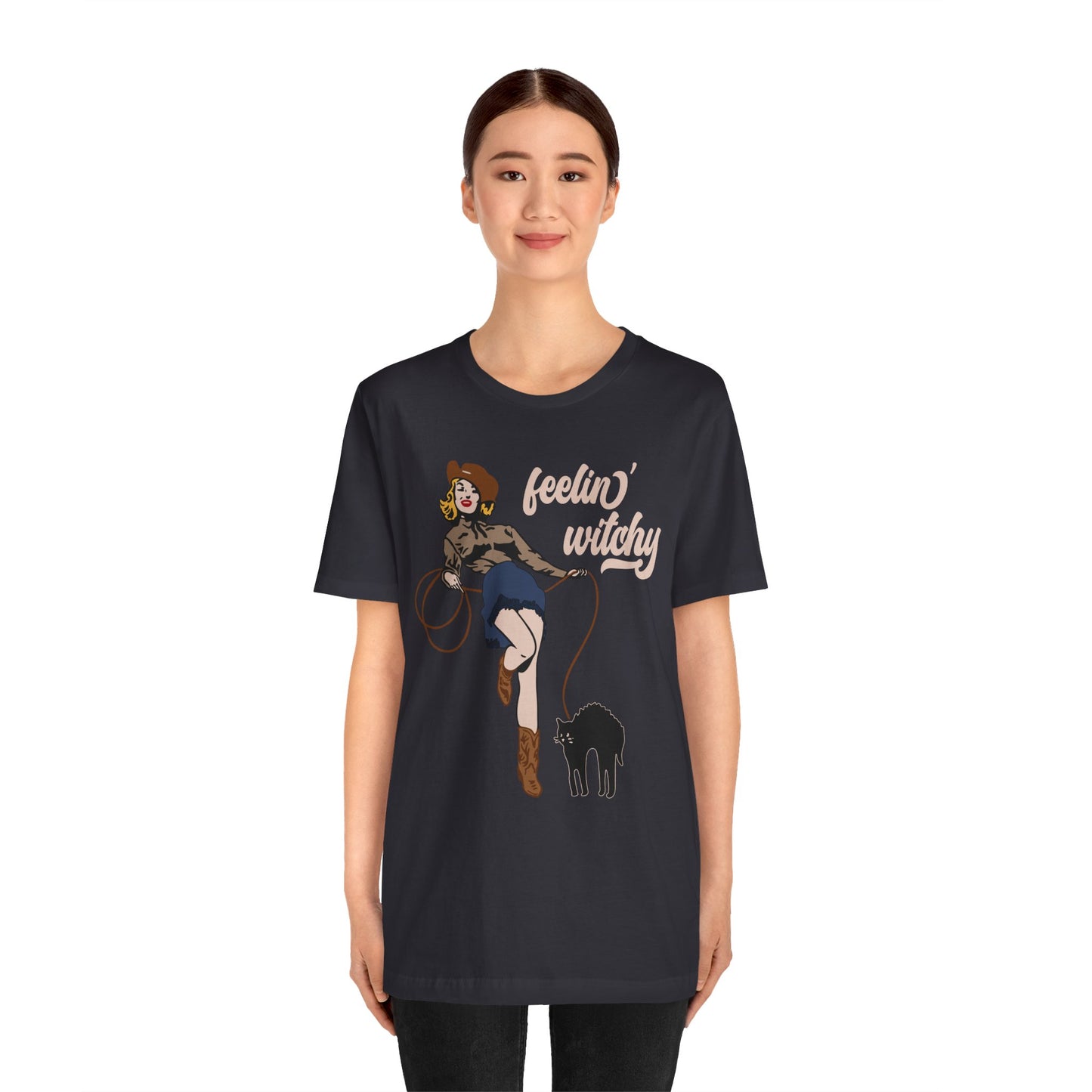 Feeling Witchy Shirt – Vintage Pin-Up Girl & Black Cat Halloween Tee