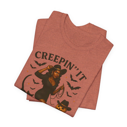 Creepin’ It Country Shirt – Spooky Cowgirl Pumpkin Western Halloween Tee