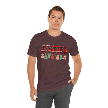 Groovy Jesus Saves Bro Shirt – Retro Red Plaid Christian Christmas Tee