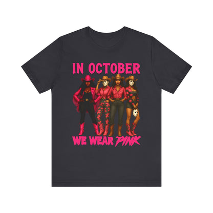In October We Wear Pink Shirt – Western Cowgirl Squad Halloween Awareness Tee