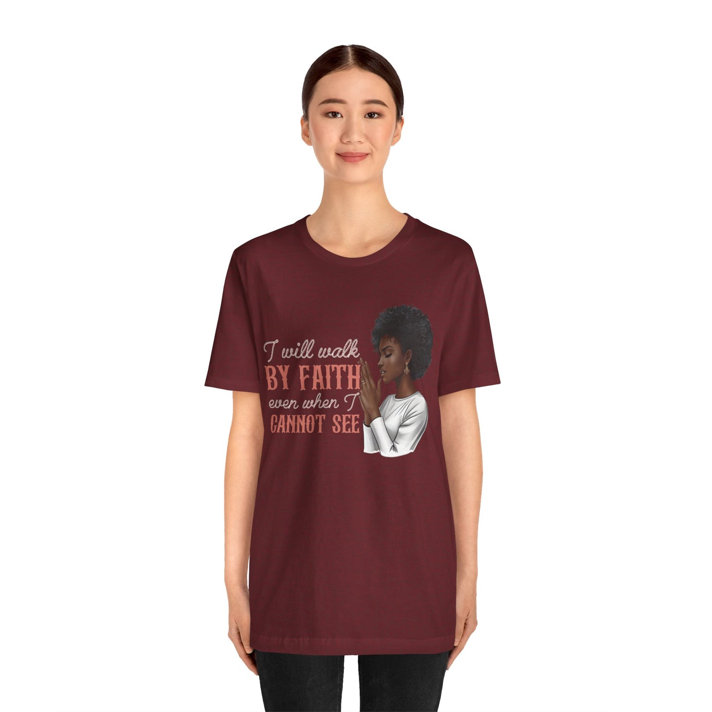 I Will Walk by Faith Shirt – Black Woman Praying Christian Bible Verse Tee