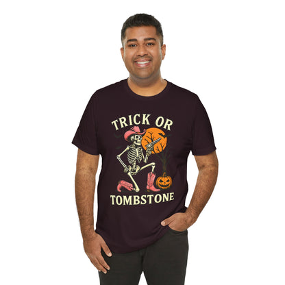 Trick or Tombstone Shirt Funny Skeleton Cowboy Halloween Tee, Spooky Western Rodeo Outfit