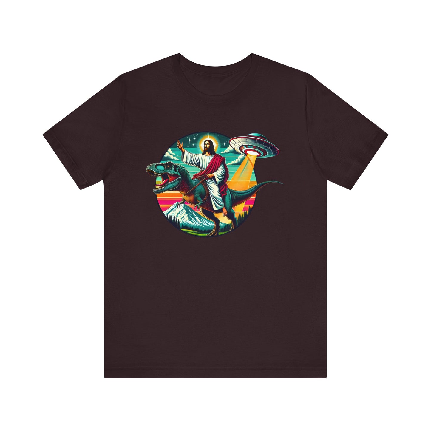 Jesus Riding Dinosaur Shirt – UFO Alien Cross Retro Christian God Tee