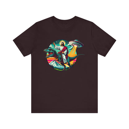 Jesus Riding Dinosaur Shirt – UFO Alien Cross Retro Christian God Tee