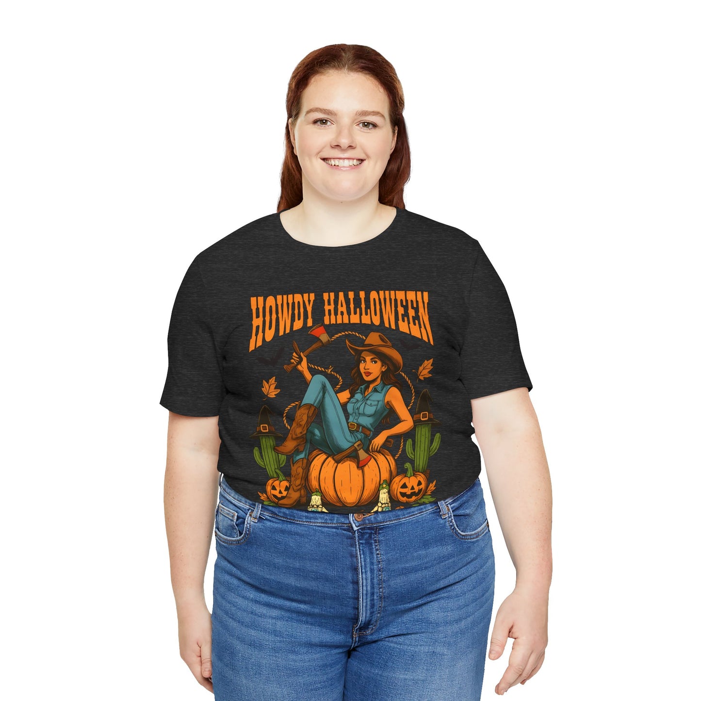 Howdy Halloween Shirt – Cowgirl on Pumpkin Tee with Skeleton Hands