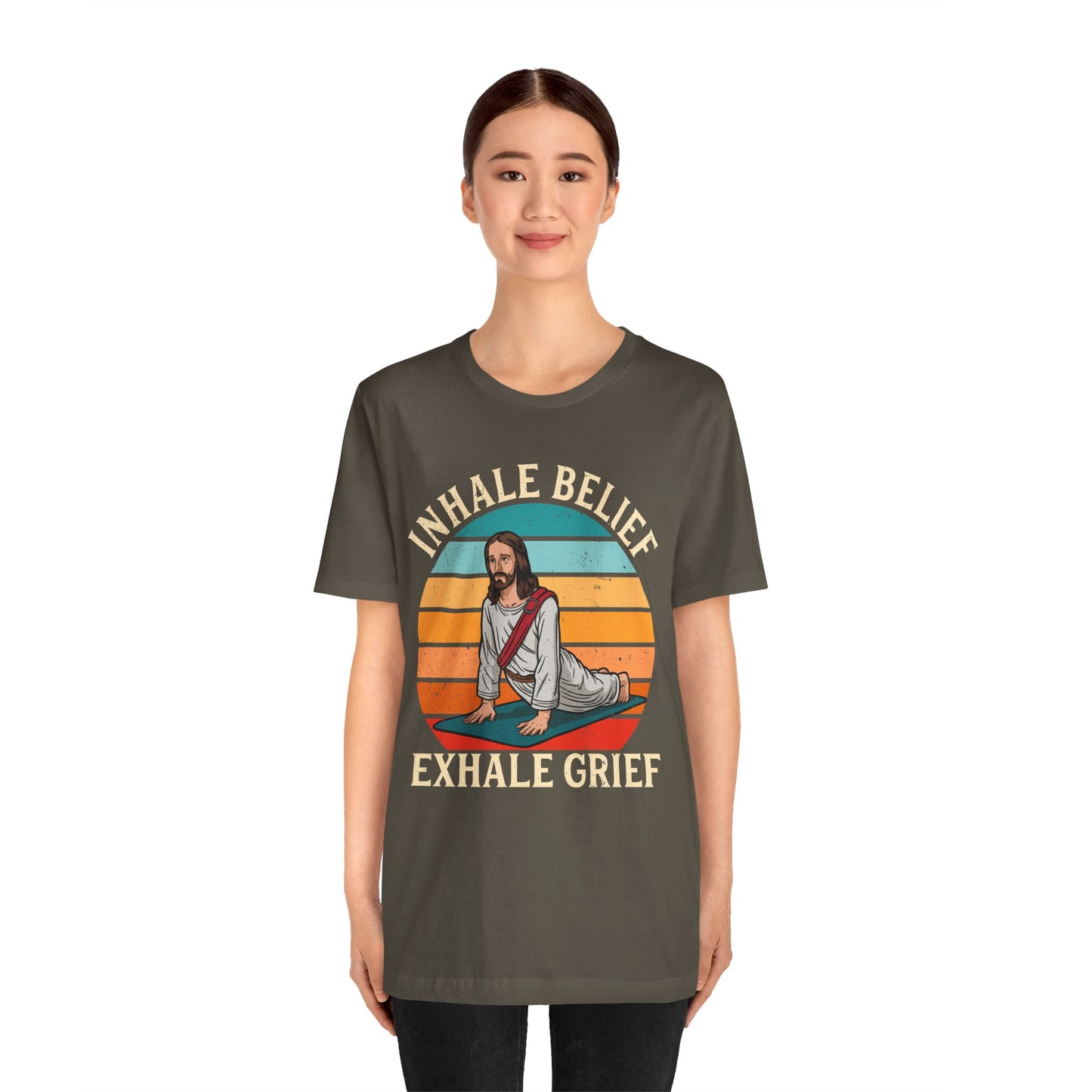 Jesus Inhale Belief Exhale Grief Shirt – Christian Yoga Retro Faith Wellness Tee