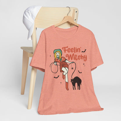 Feelin’ Witchy Shirt Vintage Pin-Up Witch & Black Cat Halloween Tee