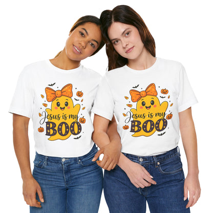 Jesus Is My Boo Shirt – Cute Christian Ghost with Bow Halloween Faith Tee