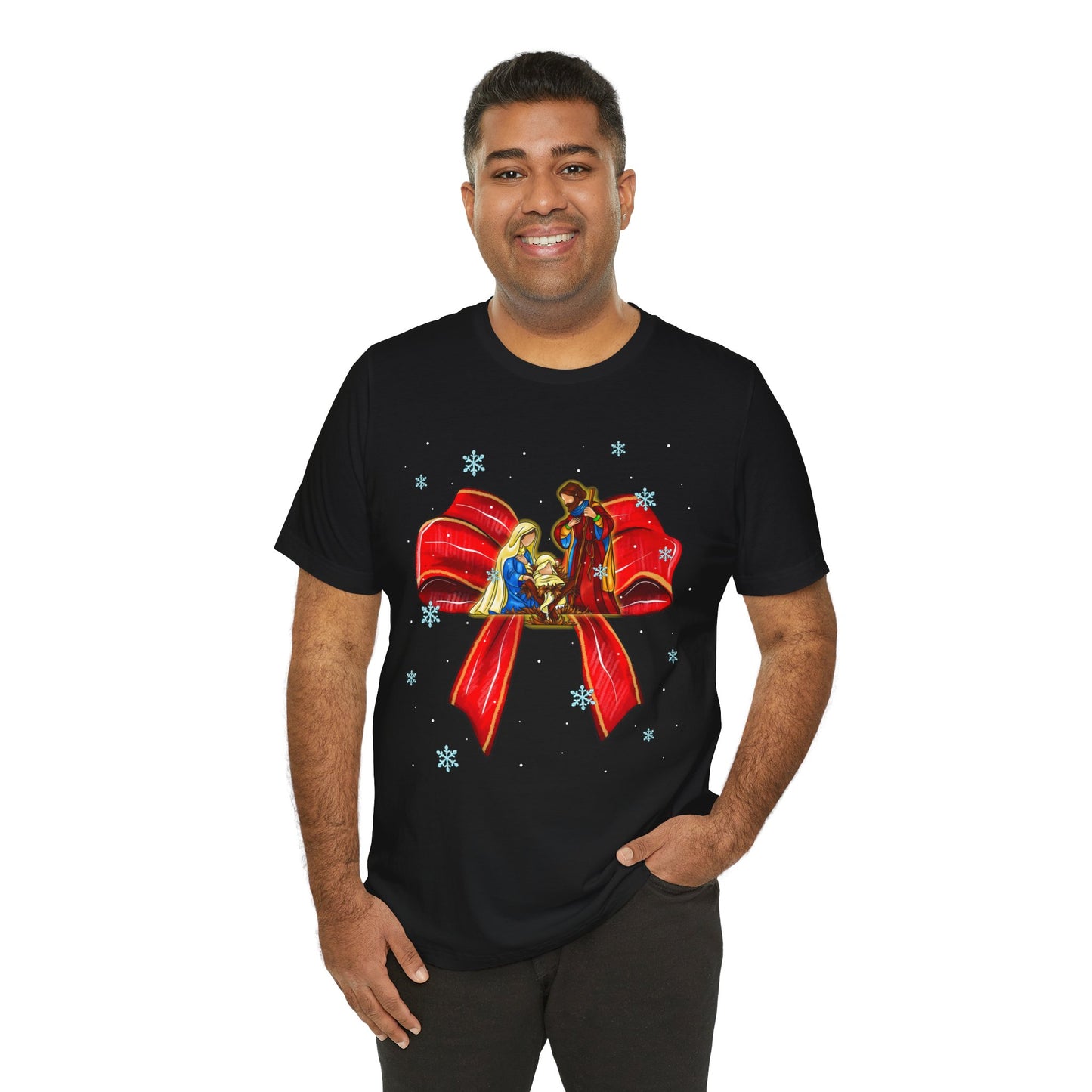 Nativity Scene Christmas Shirt – Coquette Bow Faith Tee, Jesus Holiday Pajama Top
