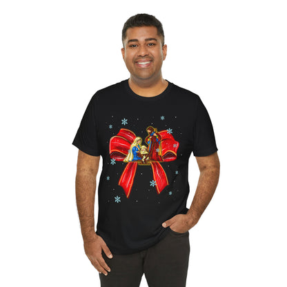 Nativity Scene Christmas Shirt – Coquette Bow Faith Tee, Jesus Holiday Pajama Top
