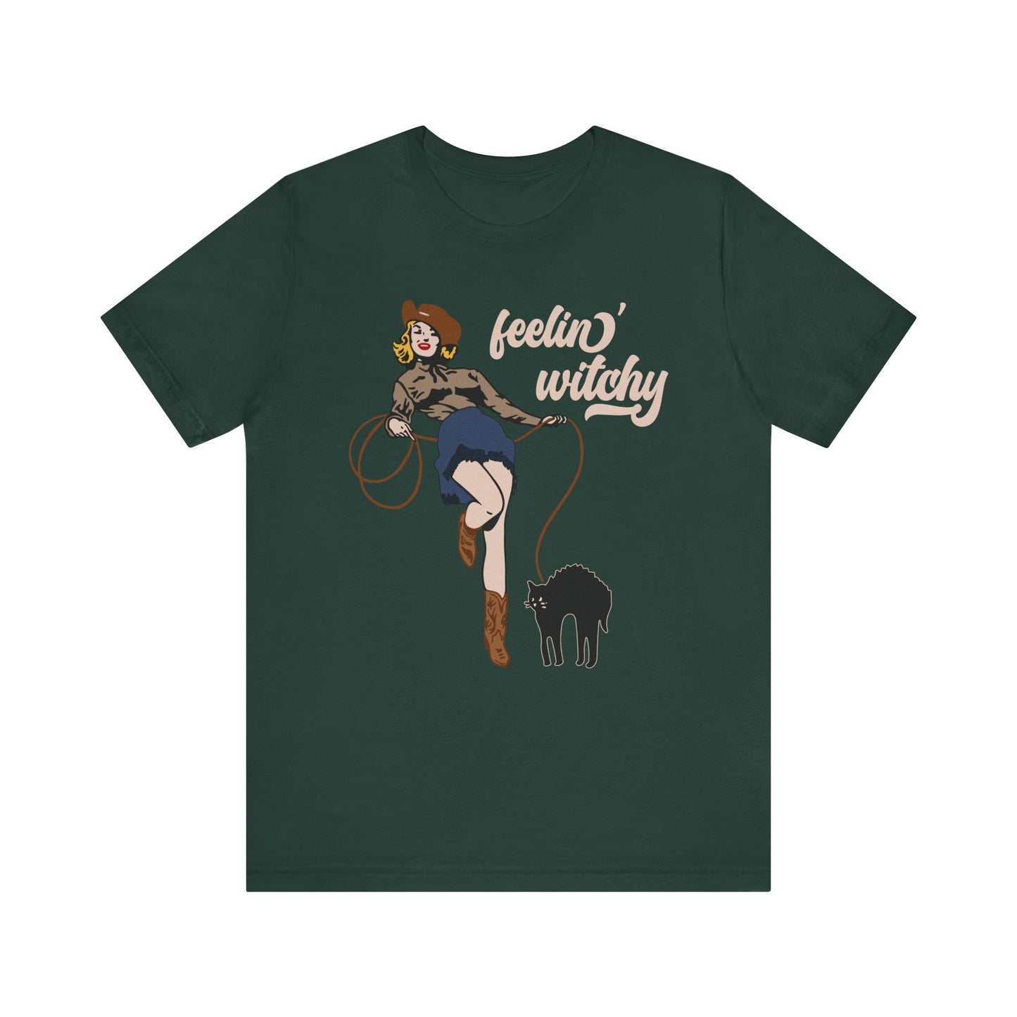 Feeling Witchy Shirt – Vintage Pin-Up Girl & Black Cat Halloween Tee
