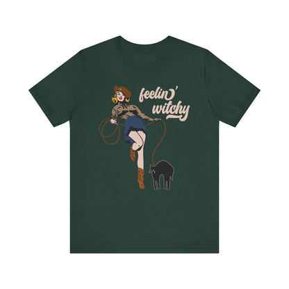 Feeling Witchy Shirt – Vintage Pin-Up Girl & Black Cat Halloween Tee