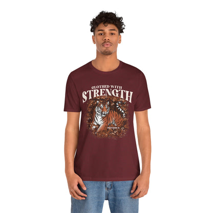 Clothed With Strength Shirt – Christian Tiger Cherry Blossom Proverbs 31:25 Tee