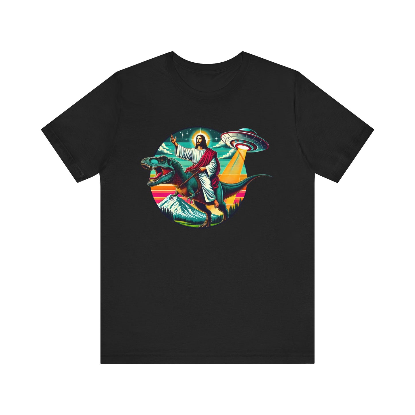 Jesus Riding Dinosaur Shirt – UFO Alien Cross Retro Christian God Tee