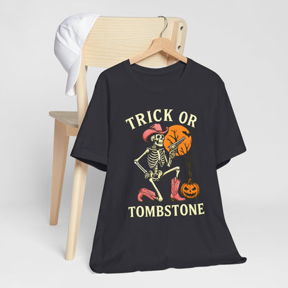 Trick or Tombstone Shirt Funny Skeleton Cowboy Halloween Tee, Spooky Western Rodeo Outfit