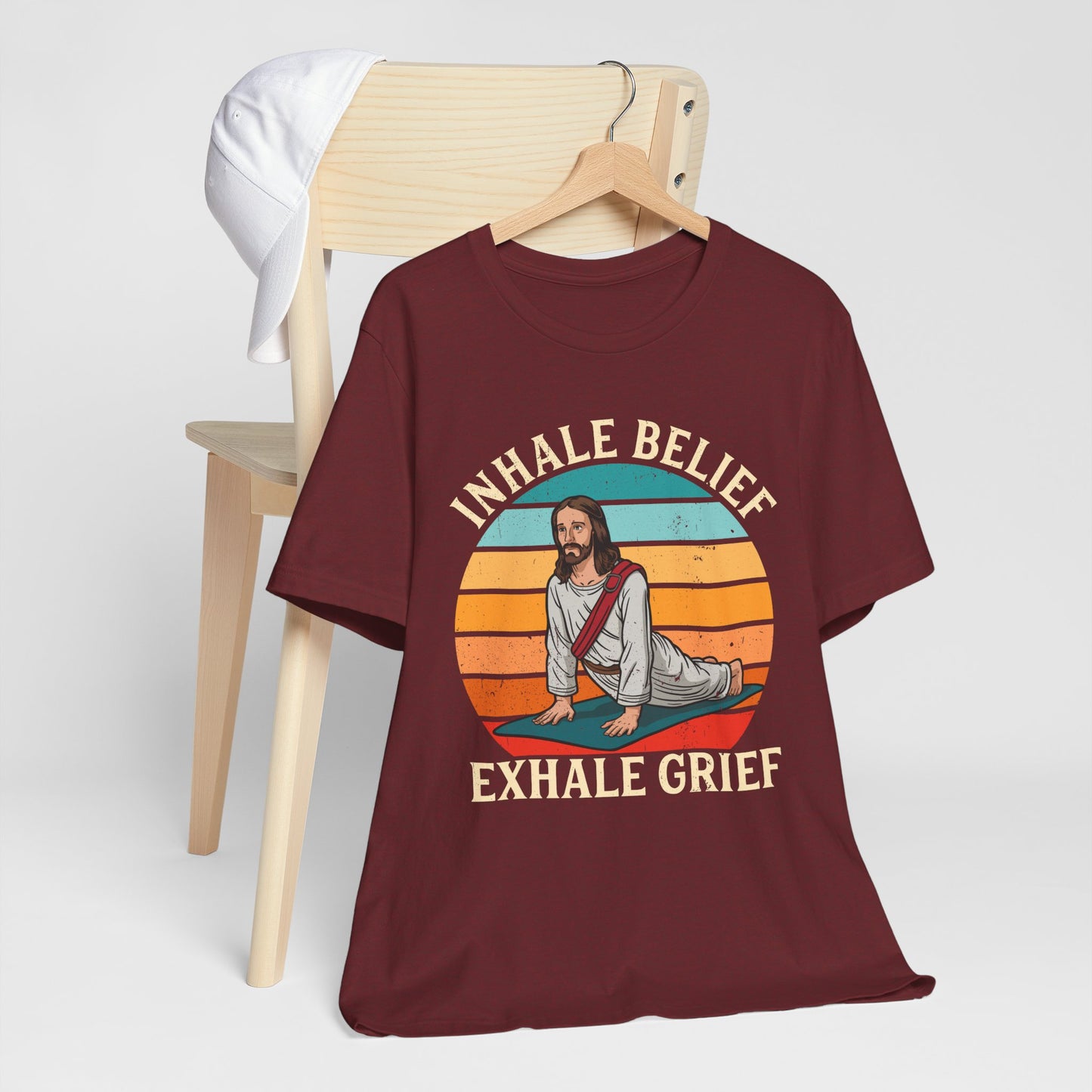 Jesus Inhale Belief Exhale Grief Shirt – Christian Yoga Retro Faith Wellness Tee