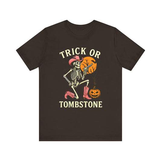 Trick or Tombstone Shirt Funny Skeleton Cowboy Halloween Tee, Spooky Western Rodeo Outfit