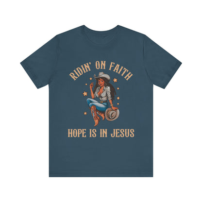 Ridin’ On Faith Cowgirl Shirt – Black Christian Western Jesus Tee