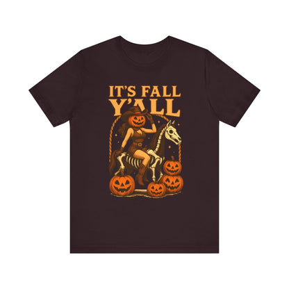 It’s Fall Y’all Shirt – Pumpkin Head Cowgirl Skeleton Horse Western Tee