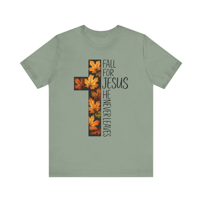 Fall for Jesus He Never Leaves Shirt – Retro Christian Cross Thanksgiving Tee
