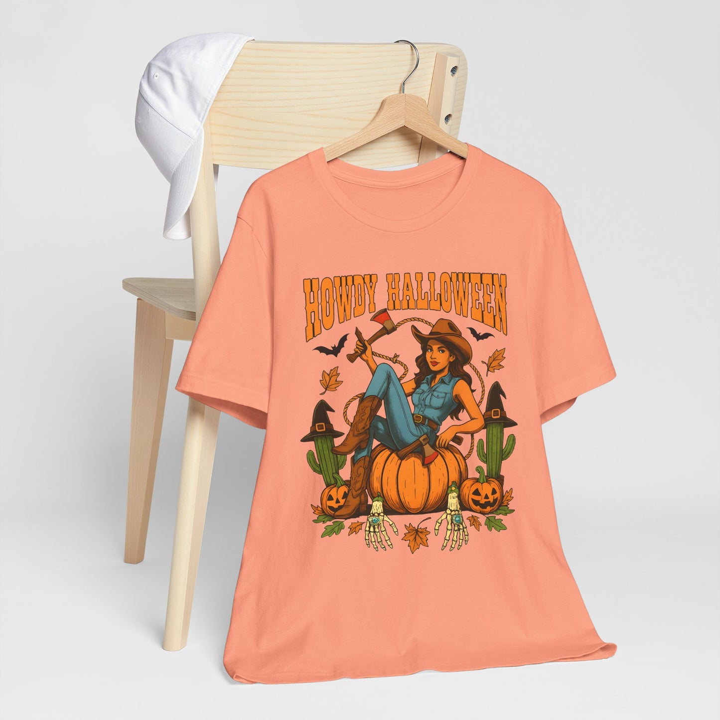 Howdy Halloween Shirt – Cowgirl on Pumpkin Tee with Skeleton Hands