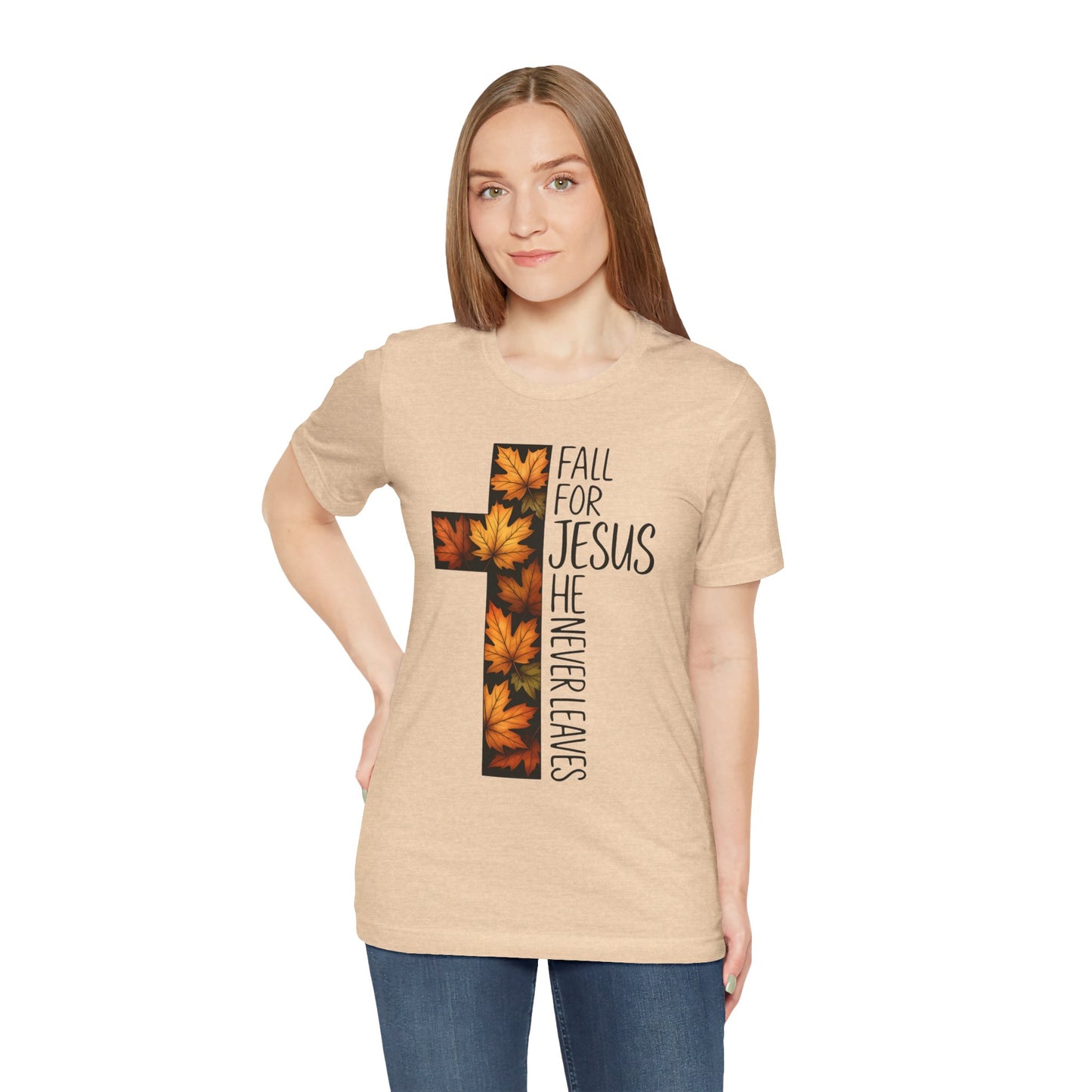 Fall for Jesus He Never Leaves Shirt – Retro Christian Cross Thanksgiving Tee
