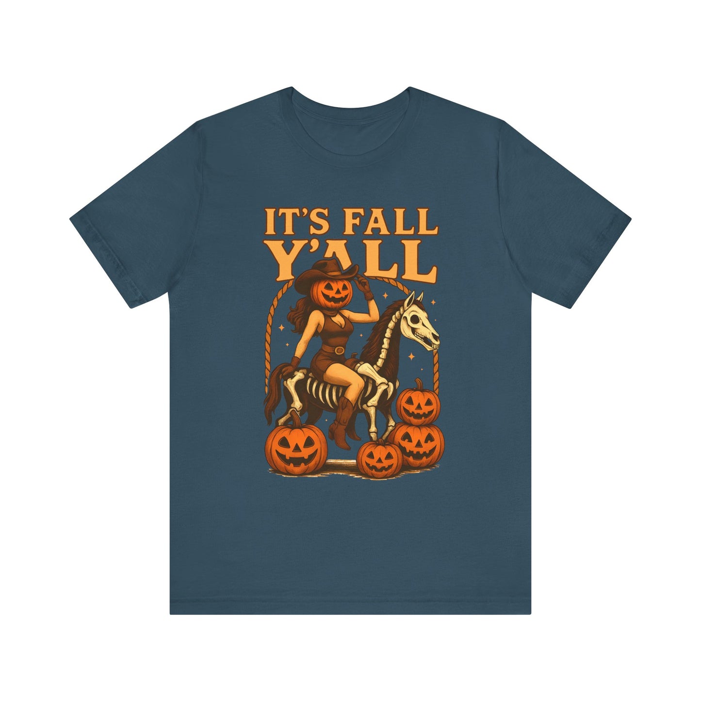 It’s Fall Y’all Shirt – Pumpkin Head Cowgirl Skeleton Horse Western Tee