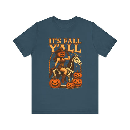 It’s Fall Y’all Shirt – Pumpkin Head Cowgirl Skeleton Horse Western Tee