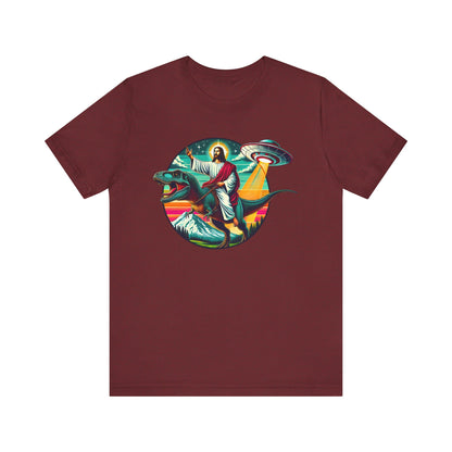 Jesus Riding Dinosaur Shirt – UFO Alien Cross Retro Christian God Tee